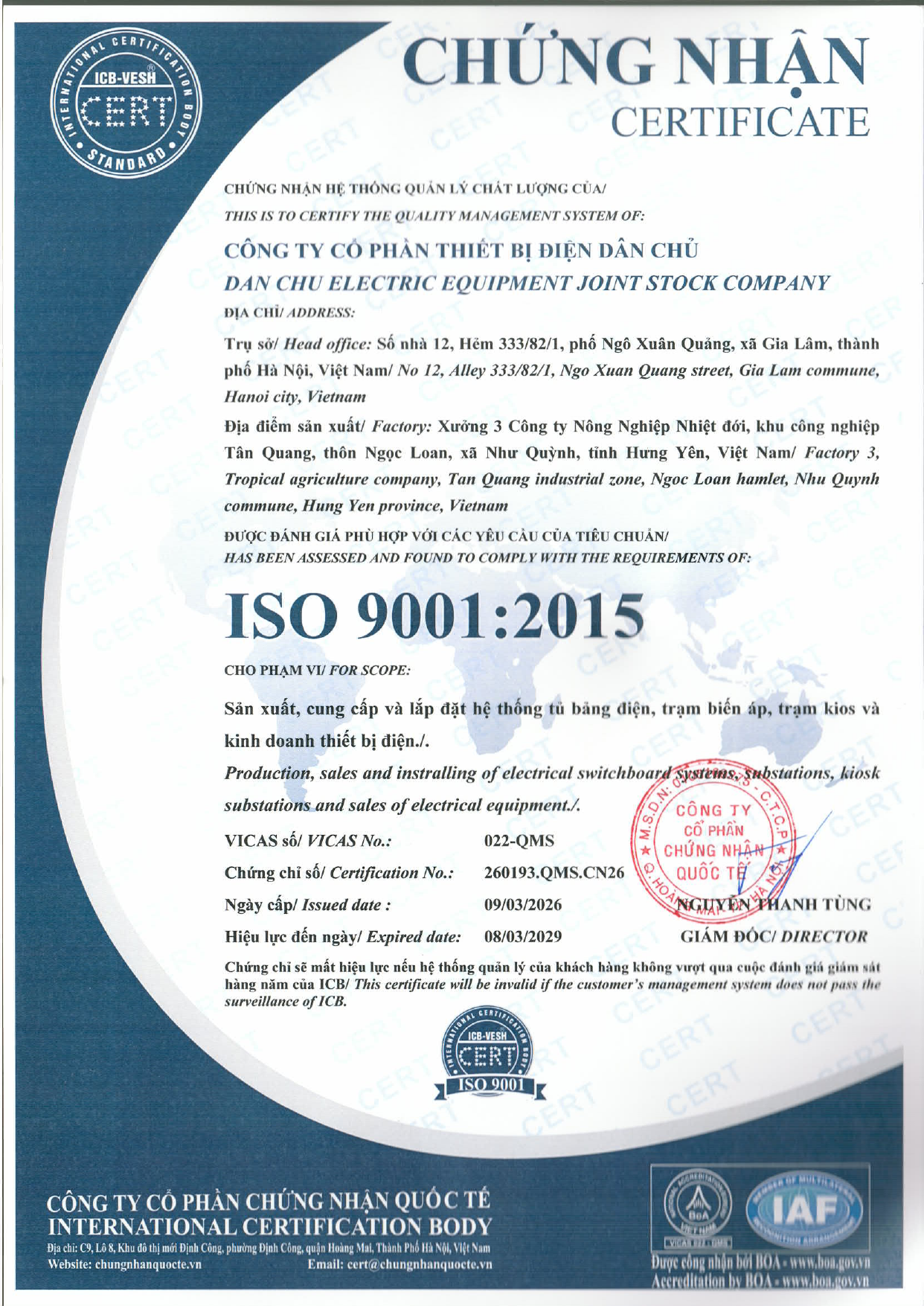 Chứng nhận Hệ thống Quản lý Chất lượng ISO 9001:2015 Dân Chủ Electric