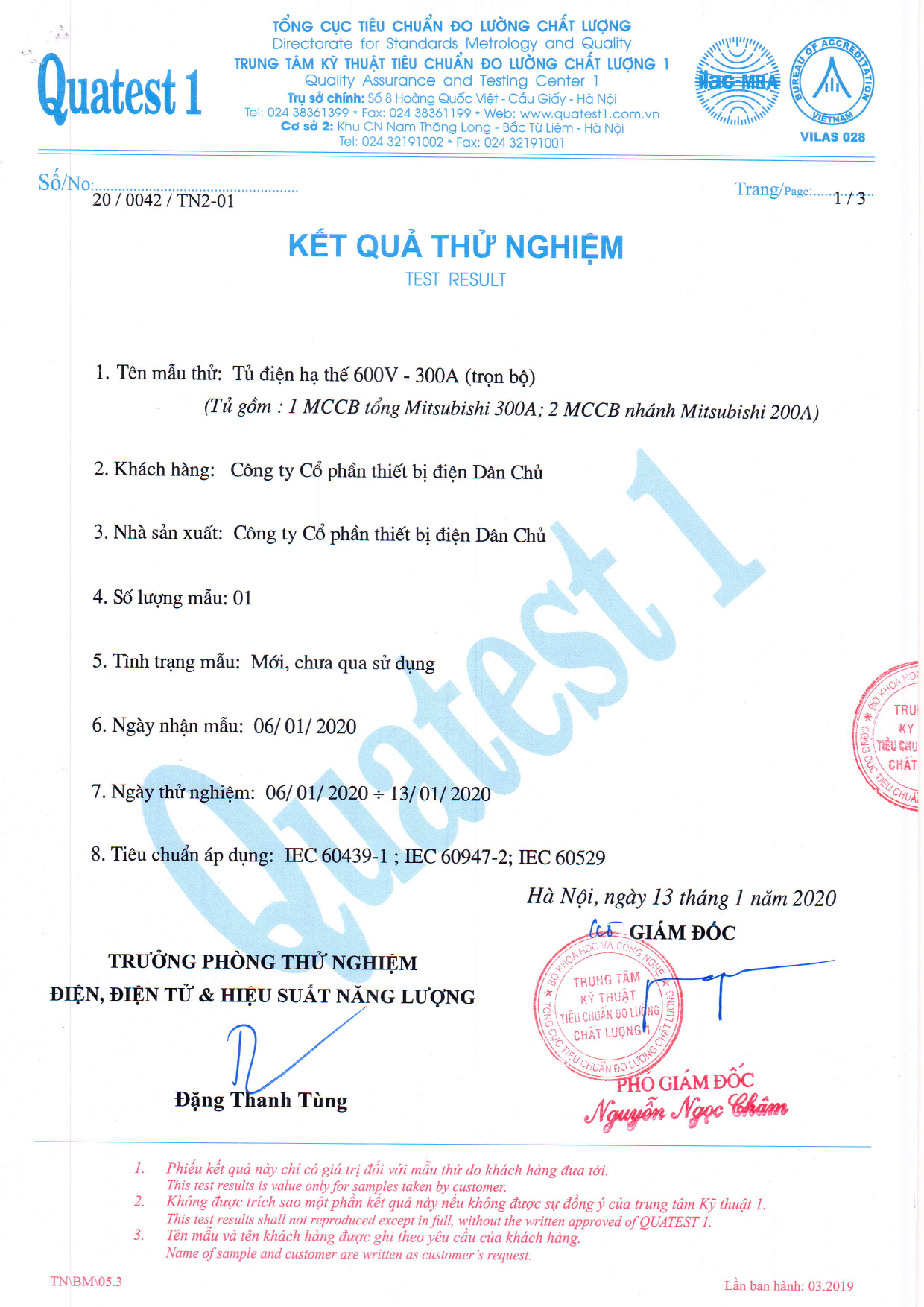 Phiếu thử nghiệm QUATEST 1 tủ điện hạ thế